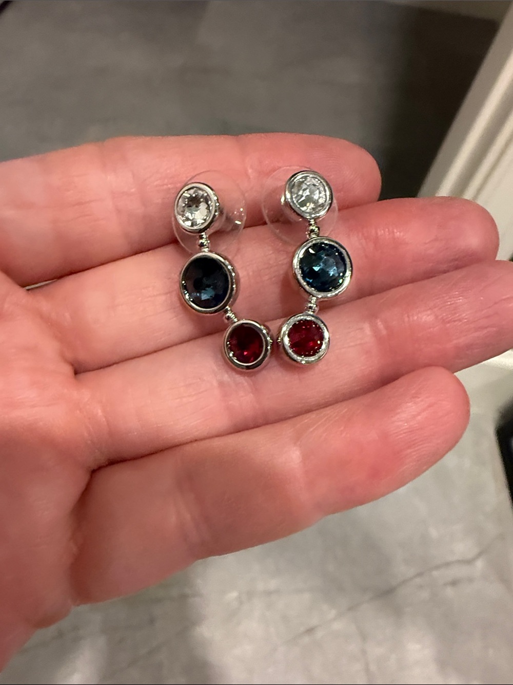 Touchstone Crystal Sterling Silver Triple Drop Earrings - Blue, Red, Clear